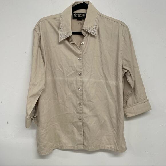 Christine Alexander Tan 3/4 Sleeve Button Up Blouse Bedazzled Womens M Bling - Picture 1 of 10